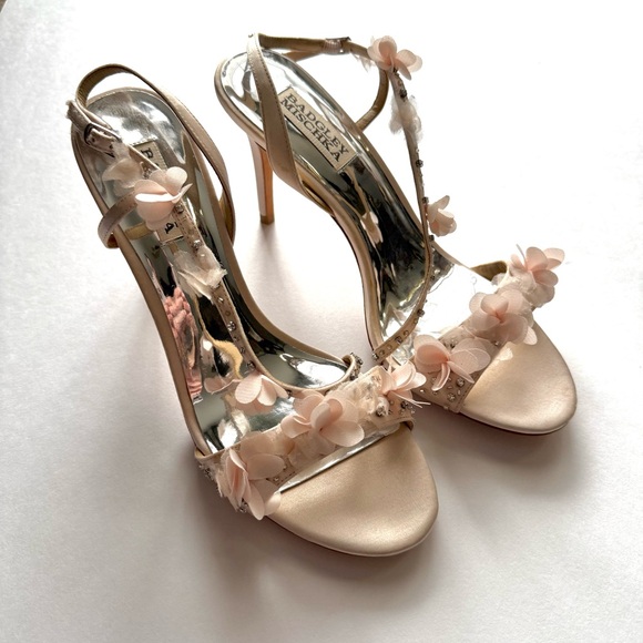 Badgley Mischka Shoes - Badgley Mischka Pink Flower Petal Rhinestone Open Toe Ankle Strap Heels